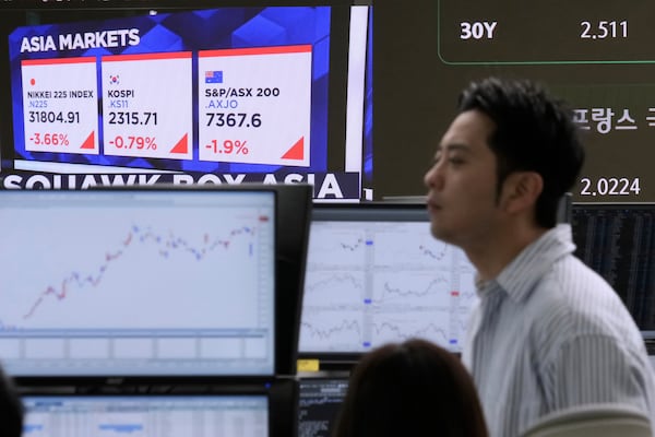 Asia markets index of Japan, South Korea and Australia is seen on a screen as a currency trader works at the foreign exchange dealing room of the KEB Hana Bank headquarters in Seoul, South Korea, Wednesday, April 9, 2025. (AP Photo/Ahn Young-joon)