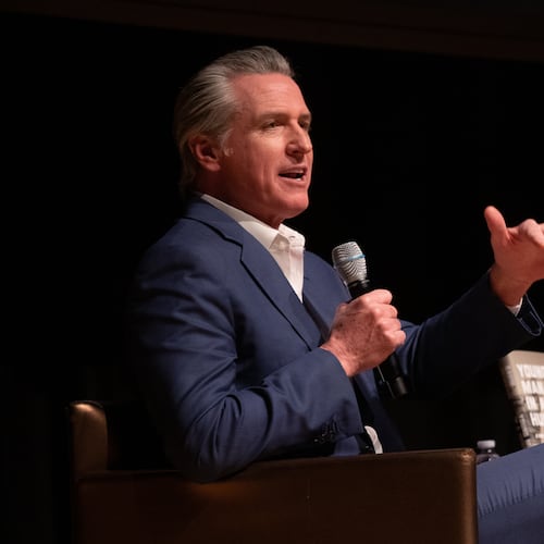 California Gov. Gavin Newsom discussed his new book, “Young Man in a Hurry: A Memoir of Discovery,” at the Rialto Theater in Atlanta on Sunday. (Riley Bunch/AJC)