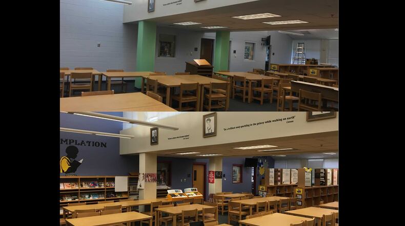 Long Middle School is undergoing a transformation. The bottom photo here shows the library before renovations began. The bulk of the changes will be completed June 21, 2018.