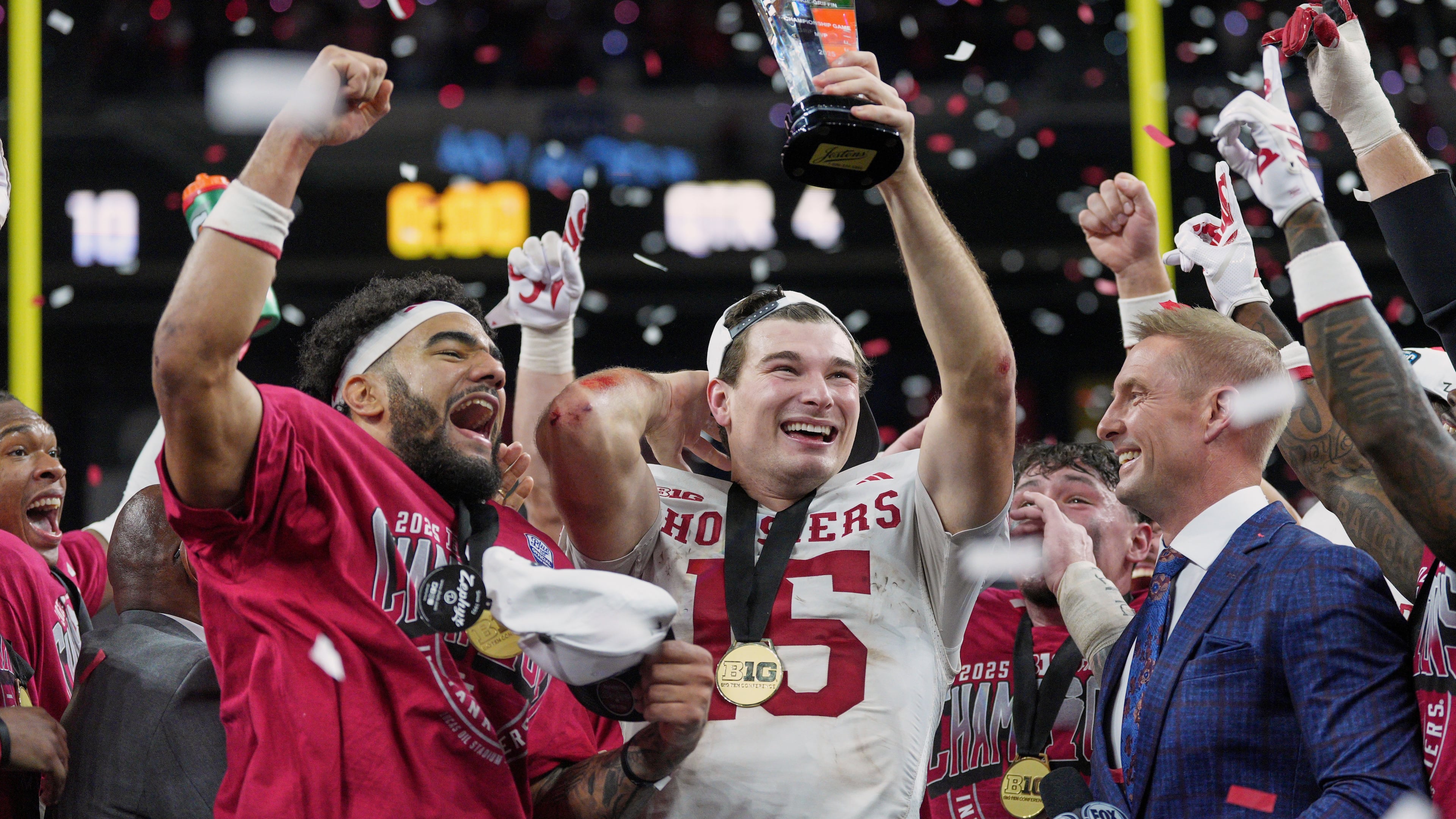 Indiana's Fernando Mendoza celebrates after the Big Ten championship NCAA college football game against Ohio State in Indianapolis, Saturday, Dec. 6, 2025. (AP Photo/AJ Mast)