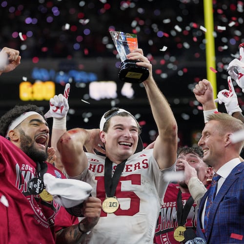 Indiana's Fernando Mendoza celebrates after the Big Ten championship NCAA college football game against Ohio State in Indianapolis, Saturday, Dec. 6, 2025. (AP Photo/AJ Mast)