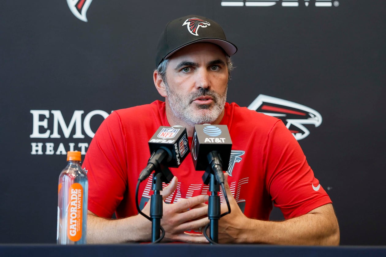 Falcons coach Kevin Stefanski speaks to the media before practice Monday, Aug. 10, 2026, at the Falcons Training Facility in Flowery Branch. Stefanski provided injury updates on starting defensive players Divine Deablo and Jessie Bates III. (Miguel Martinez/AJC)