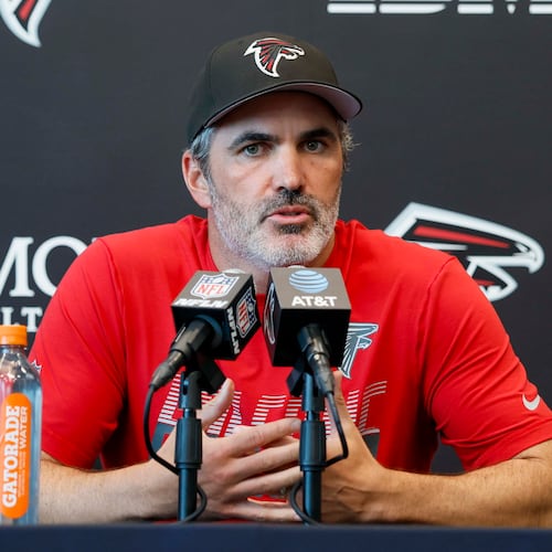 Falcons coach Kevin Stefanski speaks to the media before practice Monday, Aug. 10, 2026, at the Falcons Training Facility in Flowery Branch. Stefanski provided injury updates on starting defensive players Divine Deablo and Jessie Bates III. (Miguel Martinez/AJC)