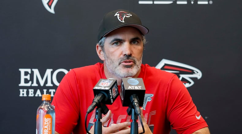 Falcons coach Kevin Stefanski speaks to the media before practice Monday, Aug. 10, 2026, at the Falcons Training Facility in Flowery Branch. Stefanski provided injury updates on starting defensive players Divine Deablo and Jessie Bates III. (Miguel Martinez/AJC)