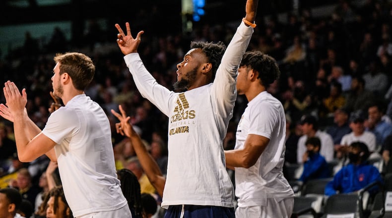 Georgia Tech coach Bubba Parham cheers from the bench during the Yellow Jackets' game against Wake Forest Jan. 19, 2022 at McCamish Pavilion. (Danny Karnik/Georgia Tech Athletics)