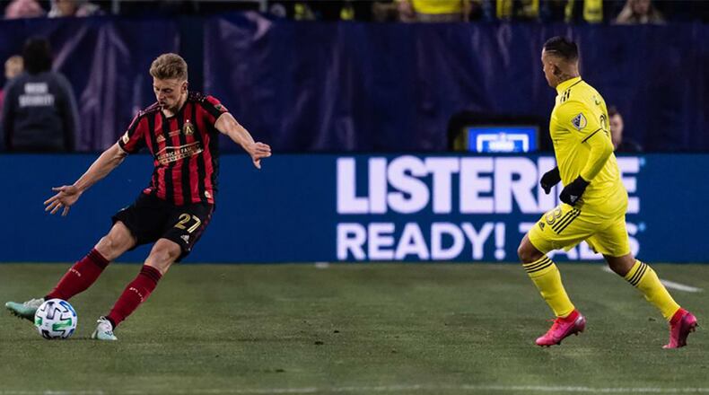 Laurence Wyke kicks the ball during the second half of the 2020 MLS season opener against Nashville Saturday, Feb. 29, 2020, at Nissan Stadium in Nashville.