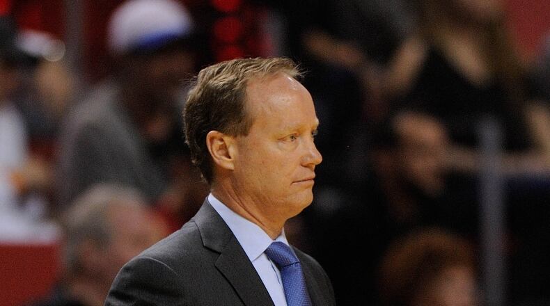Dec 23, 2013; Miami, FL, USA; Atlanta Hawks head coach Mike Budenholzer during the first half against the Miami Heat at American Airlines Arena. Mandatory Credit: Steve Mitchell-USA TODAY Sports