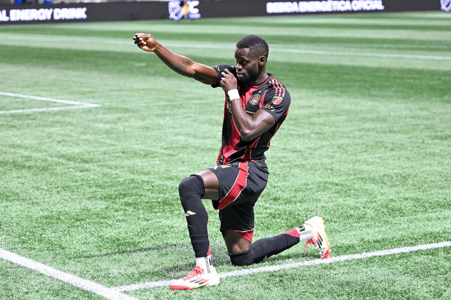 Atlanta United forward Jamal Thiaré (14) celebrates his goal against FC Cincinnati’s goal during the second half of a MLS soccer game Sunday, May 25, 2025 at the Mercedes-Benz Stadium. (Daniel Varnado/For the Atlanta Journal-Constitution)