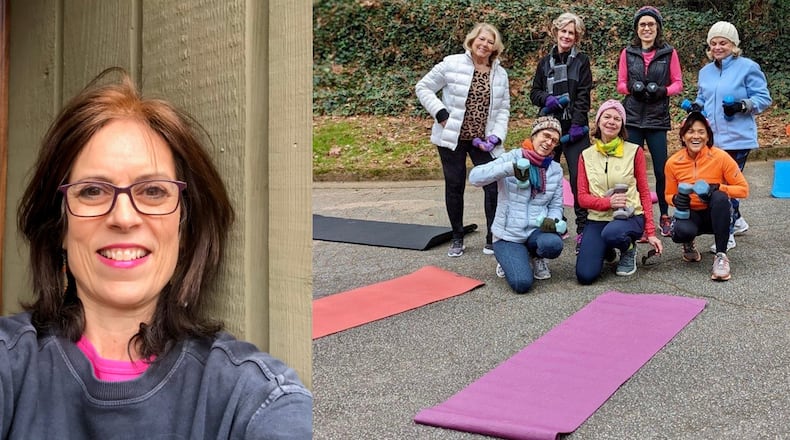 The picture on the left is of Dana Kuehn, 59, of Sandy Springs. It was taken in February. In August 2020, she joined her neighbors' exercise group, the P.E. group, which appears on the right: Front row, from left: Kathy Broyles, Pam Zendt, Ilsa Mendoza-Jackson. Back row, from left: Irene Gruenhut, Knoxie Walstead, Dana Kuehn, Virginia Stoner. (Photo by Cindy Hubbard)
