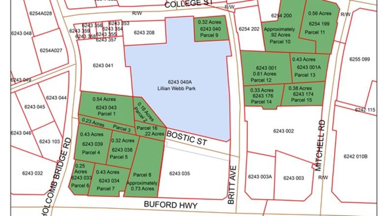 Areas shaded green show the 16 parcels Norcross hopes to develop into next mixed-use space. Courtesy of city of Norcross