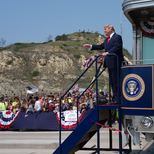 President Donald Trump arrives on the Freedom 250 train, Wednesday, July 1, 2026, in Medora, N.D., for the opening of the Theodore Roosevelt President Library. (AP Photo/Julia Demaree Nikhinson)