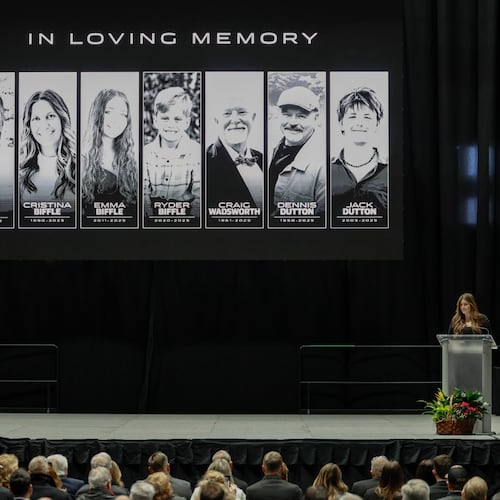 Jordyn Biffle, sister of Greg Biffle, speaks at the memorial service for Biffle and his family in Charlotte, N.C., Friday, Jan. 16, 2026. (AP Photo/Nell Redmond)