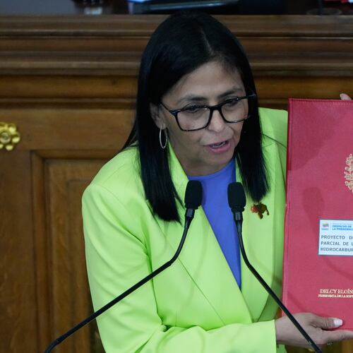 Venezuela's acting President Delcy Rodriguez delivers her first state of the union address at the National Assembly in Caracas, Venezuela, Thursday, Jan. 15, 2026. (AP Photo/Ariana Cubillos)