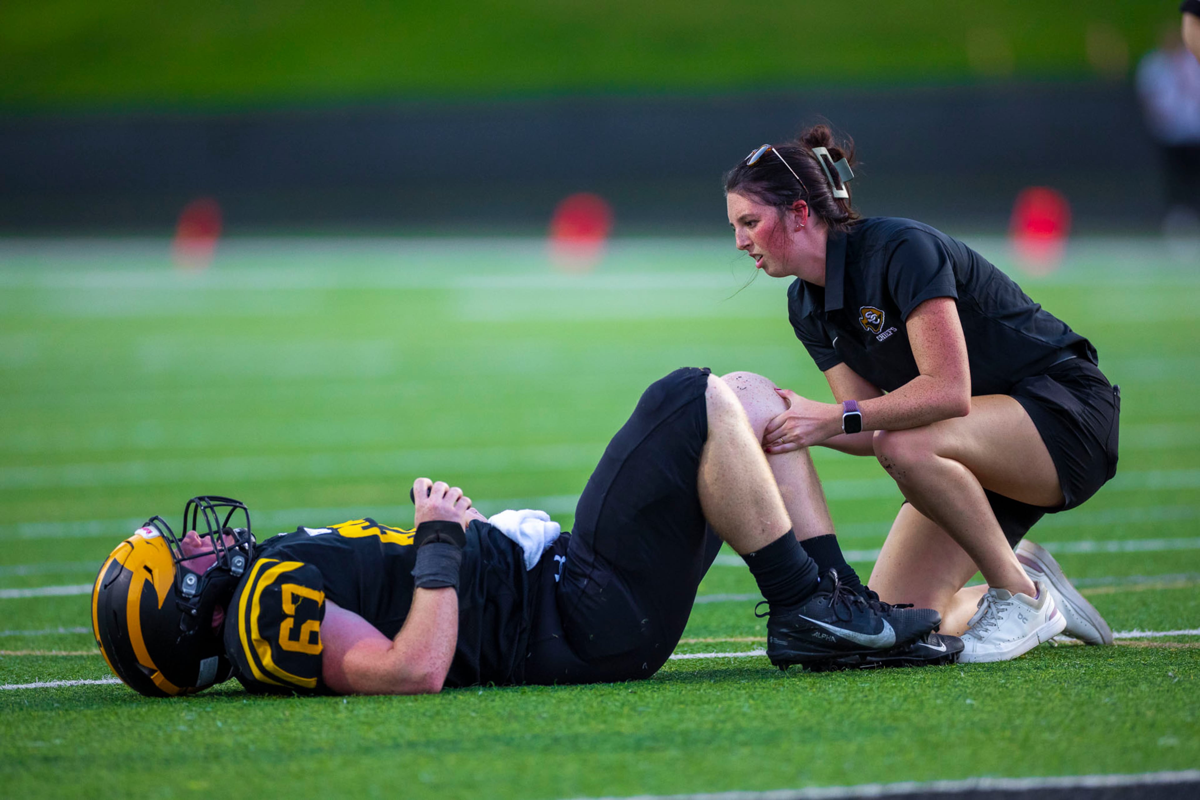 Sequoyah center Charlie Miller (#67) gets checked for injuries during the first half against Sprayberry at Skip Pope Stadium in Canton, GA on Friday, Sept. 12th, 2025. (Oscar Guevara Saenz for the Atlanta Journal Constitution)