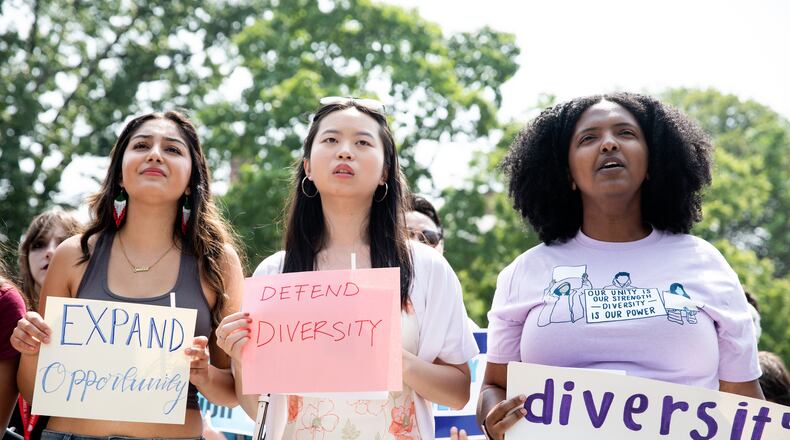 Students at Harvard University protest the Supreme Court’s ruling striking down affirmative action, in Cambridge, Mass., July 1, 2023. (Kayana Szymczak/The New York Times)