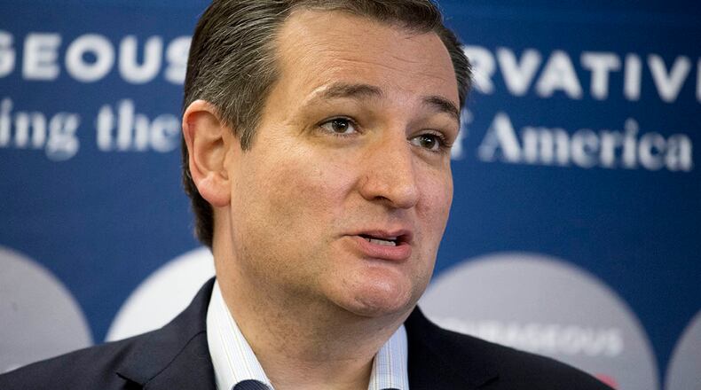 Republican presidential candidate Sen. Ted Cruz, R-Texas, speaks to members of the media before a campaign appearance, Monday, Feb. 29, 2016, in San Antonio. (AP Photo/Darren Abate)