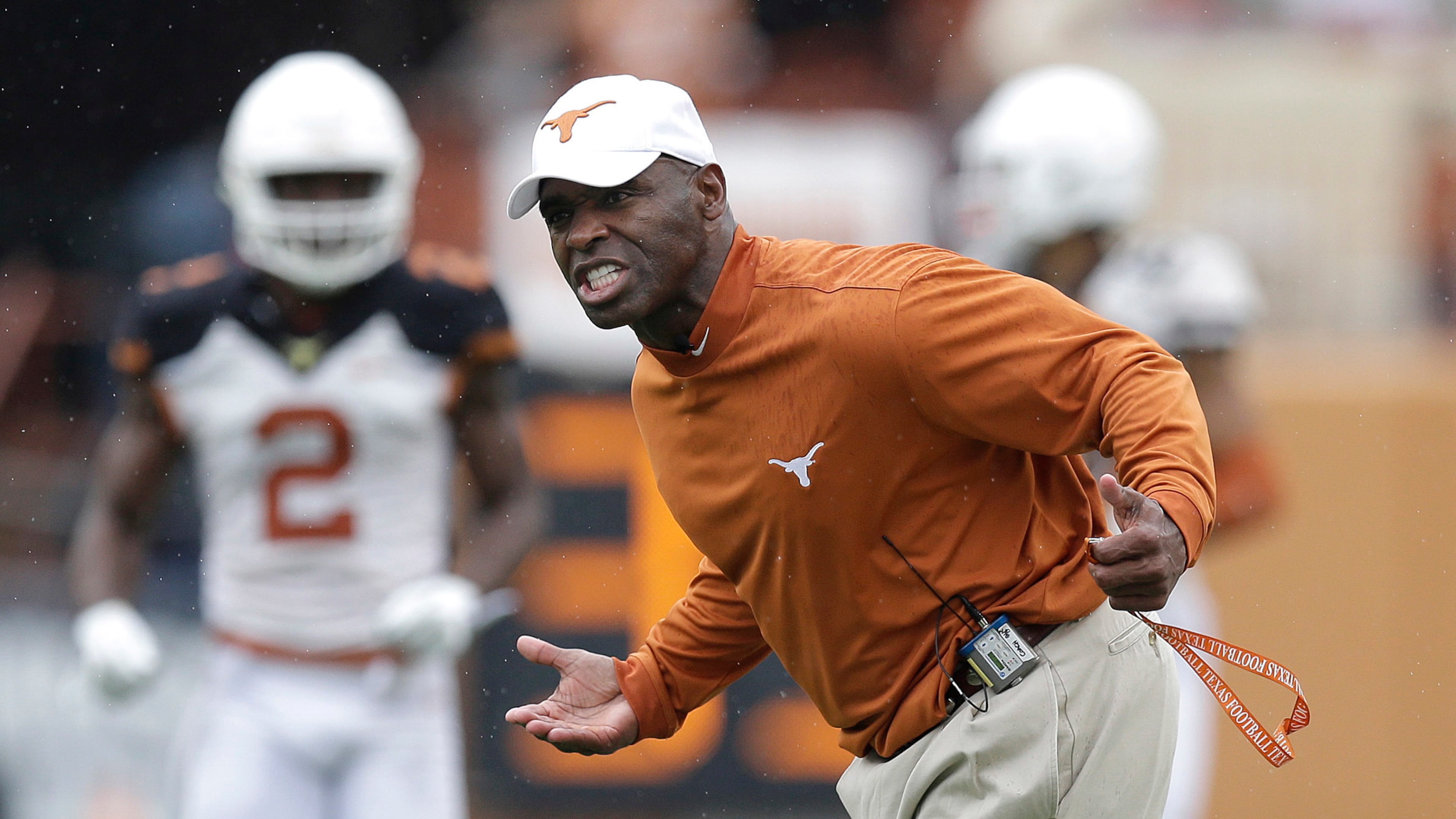 Former University of Texas head coach Charlie Strong talks to his players during a spring NCAA college football game, in Austin, Texas. He was the last Black head coach hired by an SEC school and was fired in 2016. (Eric Gay/AP 2016)