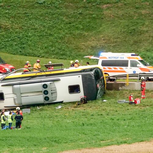Emergency personnel respond to an accident involving a tour bus near Susch, in the canton of Grisons, Switzerland, on Thursday, Sept. 10, 2026. (Jon Duschletta/Engadiner Post/Keystone via AP)