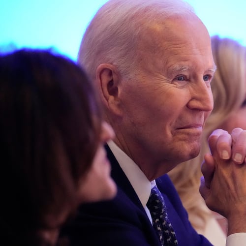 Former President Joe Biden listens to a speaker before receiving the Lifetime Achievement Award at the Edward M. Kennedy Institute's 10th Anniversary Celebration, Sunday, Oct. 26, 2025, in Boston.(AP Photo/Robert F. Bukaty)