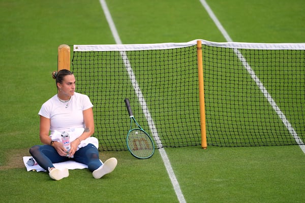 Aryna Sabalenka of Belarus during a practice session at the All England Lawn Tennis and Croquet Club, ahead of the Wimbledon Championships in London, Wednesday, June 25, 2025. (AP Photo/Kirsty Wigglesworth)