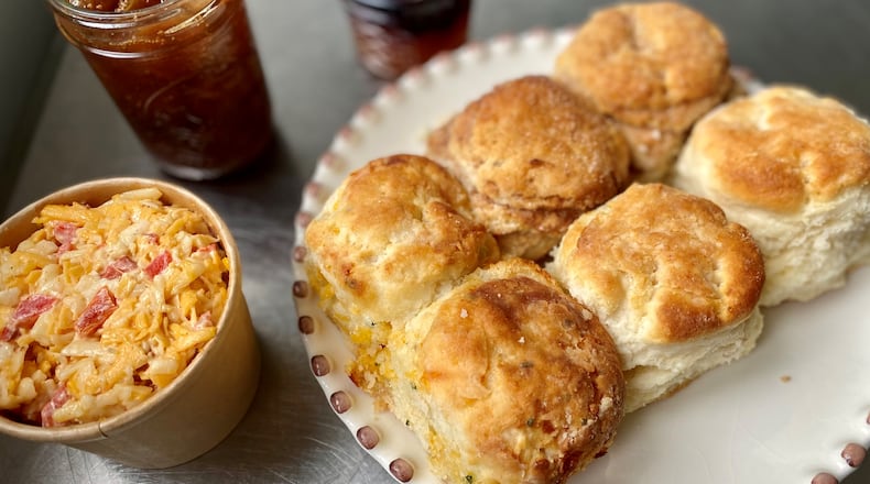 Hutchinson’s Finest Biscuits sells classic Southern biscuits and delicious pimento cheese and fruit preserves. Shown here are fig and peach-blueberry jam.
Wendell Brock for The Atlanta Journal-Constitution