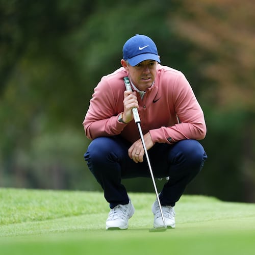 Rory McIlroy of Northern Ireland on the 16th green on day three of the PGA Championship at Wentworth Golf Club in Virginia Water, England, Saturday Sept. 19, 2026. (Adam Davy/PA via AP)