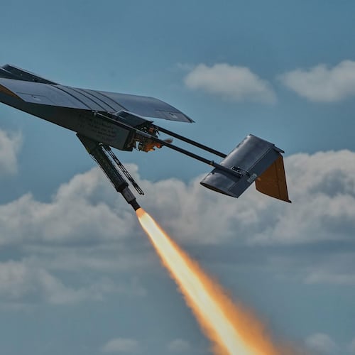 A Ukrainian FP-1 long-range attack drone is launched by the 413th Separate Regiment of Unmanned Systems "Raid" on a deep-strike drone mission to hit Russian targets deep in their territory, in an undisclosed location in Ukraine, Sunday, Aug. 16, 2026. (AP Photo/Efrem Lukatsky)