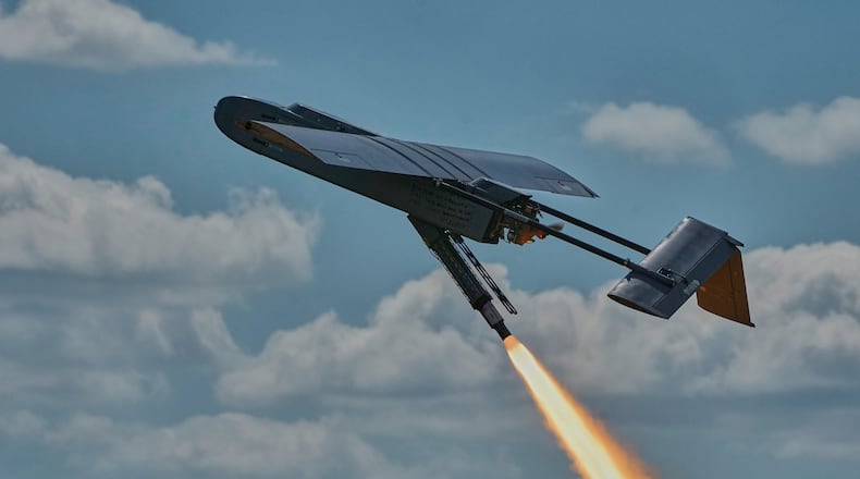 A Ukrainian FP-1 long-range attack drone is launched by the 413th Separate Regiment of Unmanned Systems "Raid" on a deep-strike drone mission to hit Russian targets deep in their territory, in an undisclosed location in Ukraine, Sunday, Aug. 16, 2026. (AP Photo/Efrem Lukatsky)