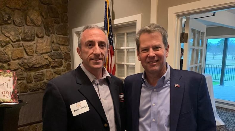 Matt Barton, left, a former Calhoun councilman, won a runoff election for the Georgia House of Representatives on Tuesday, Nov. 5, 2019. He’s pictured with Gov. Brian Kemp. Credit: electmattbarton.com
