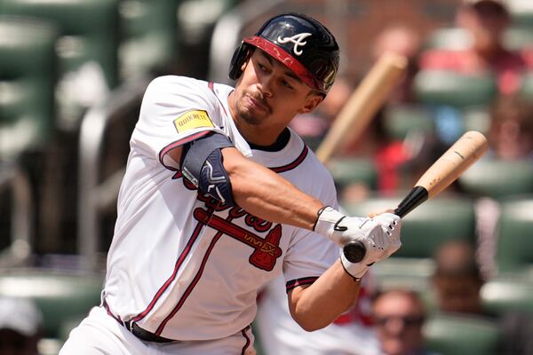 Atlanta Braves catcher Drake Baldwin (30) hits a single against the St. Louis Cardinals in the in the fourth inning of a baseball game, Wednesday, April 23, 2025, in Atlanta. (AP Photo/Mike Stewart)