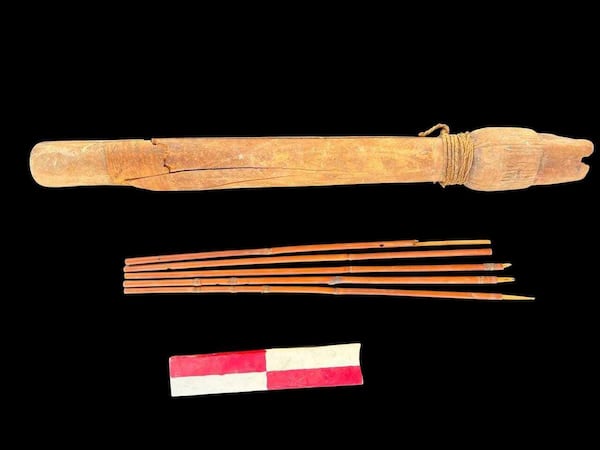 In this undated photo, artifacts are displayed that were found in the three new graves of senior statesmen found in the Dra' Abu al-Naga necropolis area in Luxor, Egypt. (Egypt Ministry of Tourism and Antiquities via AP)