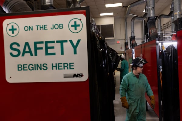 Welders are seen at the Norfolk Southern Training Center in McDonough on Friday, March 7, 2025. (Arvin Temkar/The Atlanta Journal Constitution/TNS)  **This photo is to be used only with stories from The Atlanta Journal-Constitution.**