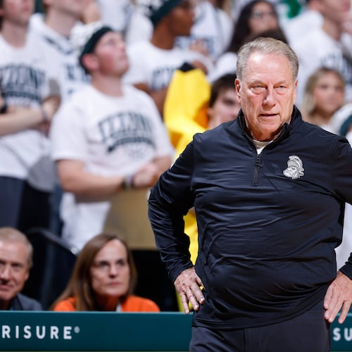 Michigan State coach Tom Izzo watches the first half of an NCAA college basketball game against Arkansas, Saturday, Nov. 8, 2025, in East Lansing, Mich. (AP Photo/Al Goldis)
