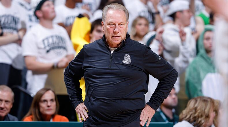 Michigan State coach Tom Izzo watches the first half of an NCAA college basketball game against Arkansas, Saturday, Nov. 8, 2025, in East Lansing, Mich. (AP Photo/Al Goldis)