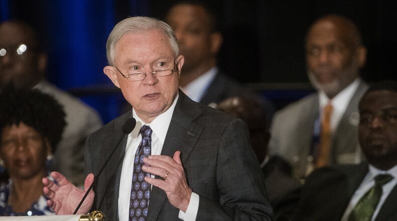 Attorney General Jeff Sessions addresses the National Organization of Black Law Enforcement Executives during a conference, Tuesday, Aug. 1, 2017, in Atlanta, just days after President Donald Trump said police shouldn’t be “nice” to suspects by shielding their heads as they are lowered, handcuffed, into police cars. (John Amis/Atlanta Journal-Constitution via AP)