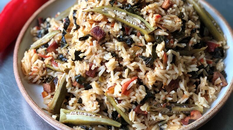 This Easy Summer Pilaf is a great use of excess summer produce, or even leftover cooked veggies. Here we tossed in tomatoes, okra, kale and peppers. Most any veggies you have on hand will work.  CONTRIBUTED BY WENDELL BROCK