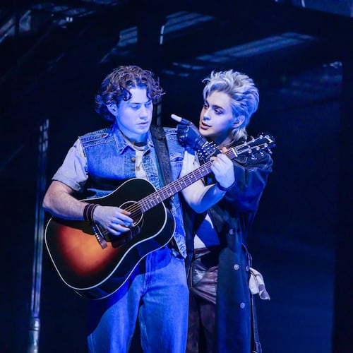 L.J. Benet, left, and Ali Louis Bourzgui appear during a performance of "The Lost Boys" in New York on March 26, 2026. (Matthew Murphy via AP)