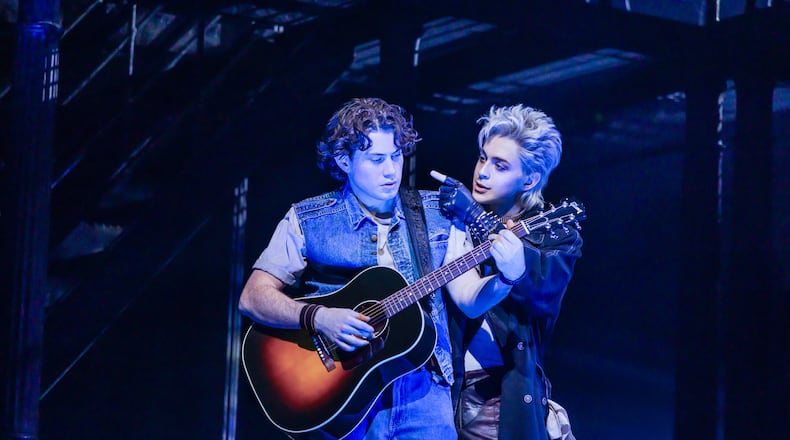 L.J. Benet, left, and Ali Louis Bourzgui appear during a performance of "The Lost Boys" in New York on March 26, 2026. (Matthew Murphy via AP)