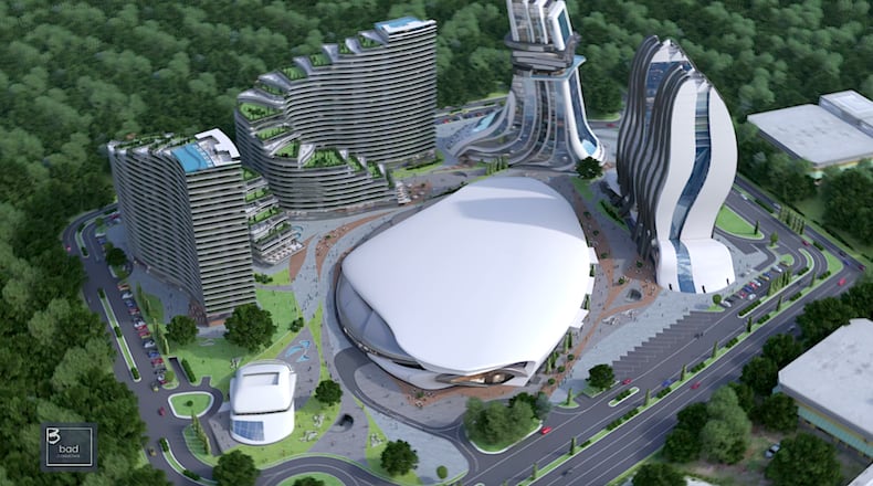 Clayton County's payment of $559,000 for the design of an incubator building at the $800 million mixed-use development in Lake City called "The Roman" is raising eyebrows among the south metro Atlanta community's county commissioners. The incubator would be the small building at the bottom left in this picture.