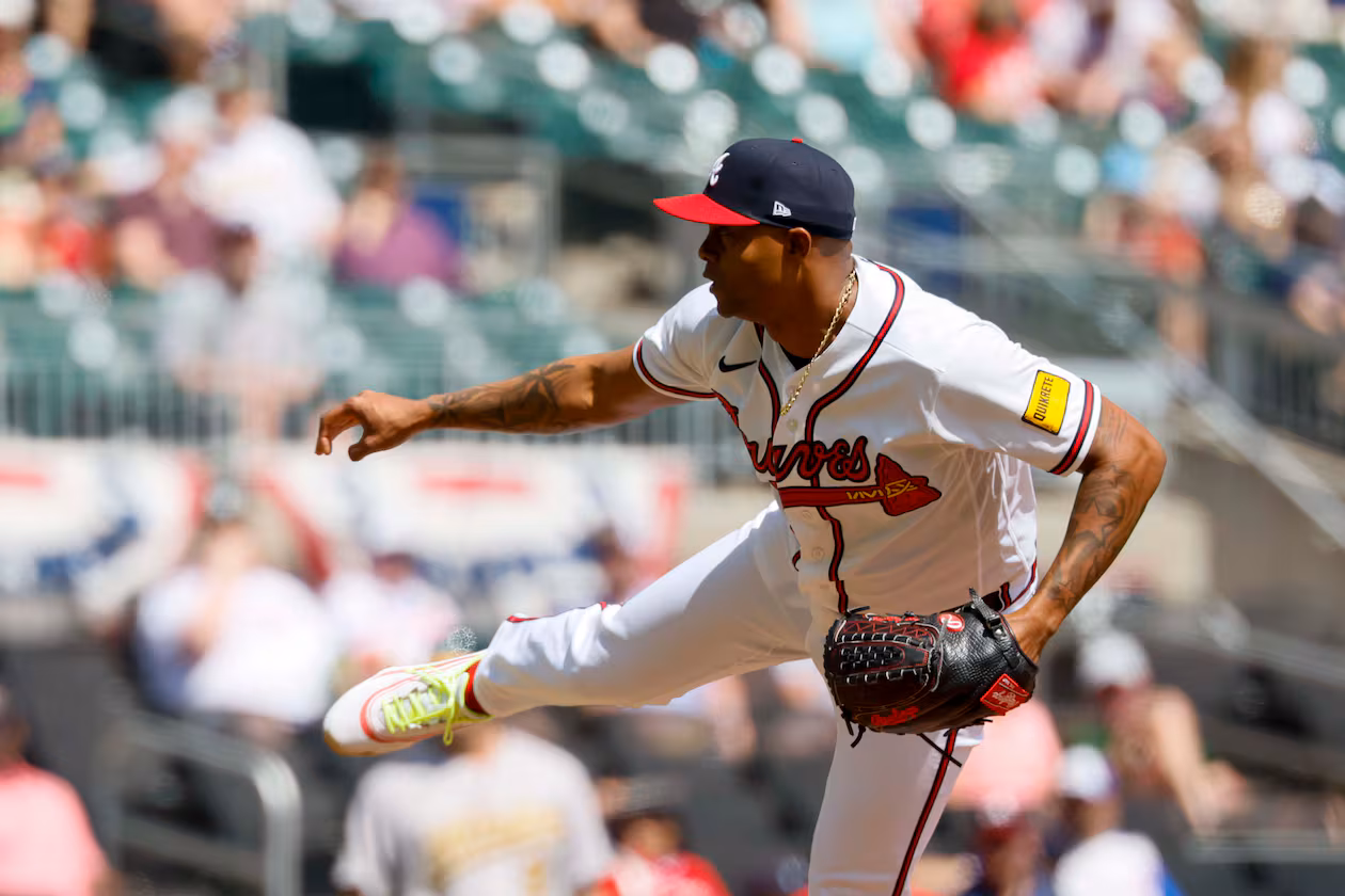 Braves closer Raisel Iglesias — pictured in the ninth inning of a game Wednesday, April 1, 2026, against the A's — goes on the injured list backdated to Monday, meaning he will be eligible to return the first week of May. (Miguel Martinez/AJC)