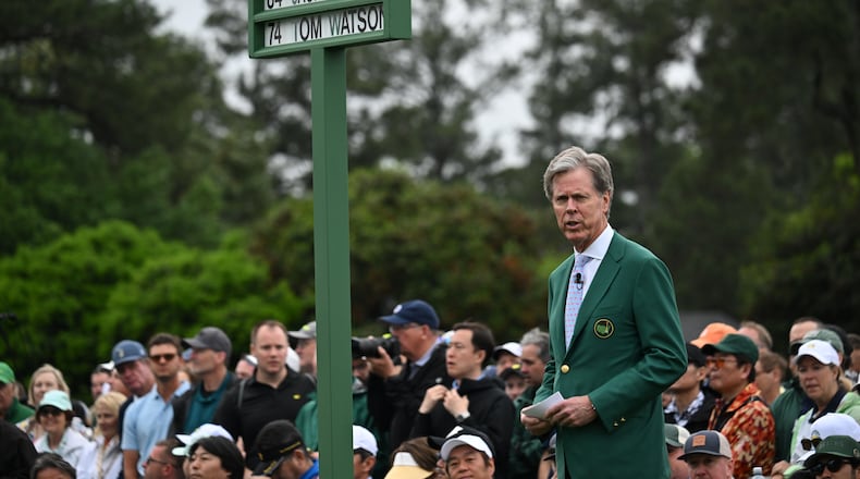 Augusta National Golf Club Chairman Fred Ridley announces the Honorary Starters of the 2024 Masters Tournament at Augusta National Golf Club, Thursday, April 11, 2024, in Augusta, Ga. (Hyosub Shin / Hyosub.Shin@ajc.com)