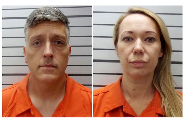 FILE - This combination of booking photos provided by the Muskogee County, Okla., Sheriff's Office shows Jon Hallford, left, and Carie Hallford, the owners of Return to Nature Funeral Home. (Muskogee County Sheriff's Office via AP, File)