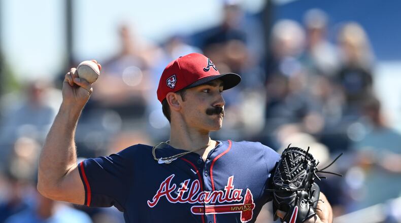Atlanta Braves starting pitcher Spencer Strider (99) throws a pitch during the first inning of a spring training baseball game at Charlotte Sports Park, Saturday, Feb. 23, 2024, in Port Charlotte, Fla. (Hyosub Shin / Hyosub.Shin@ajc.com)