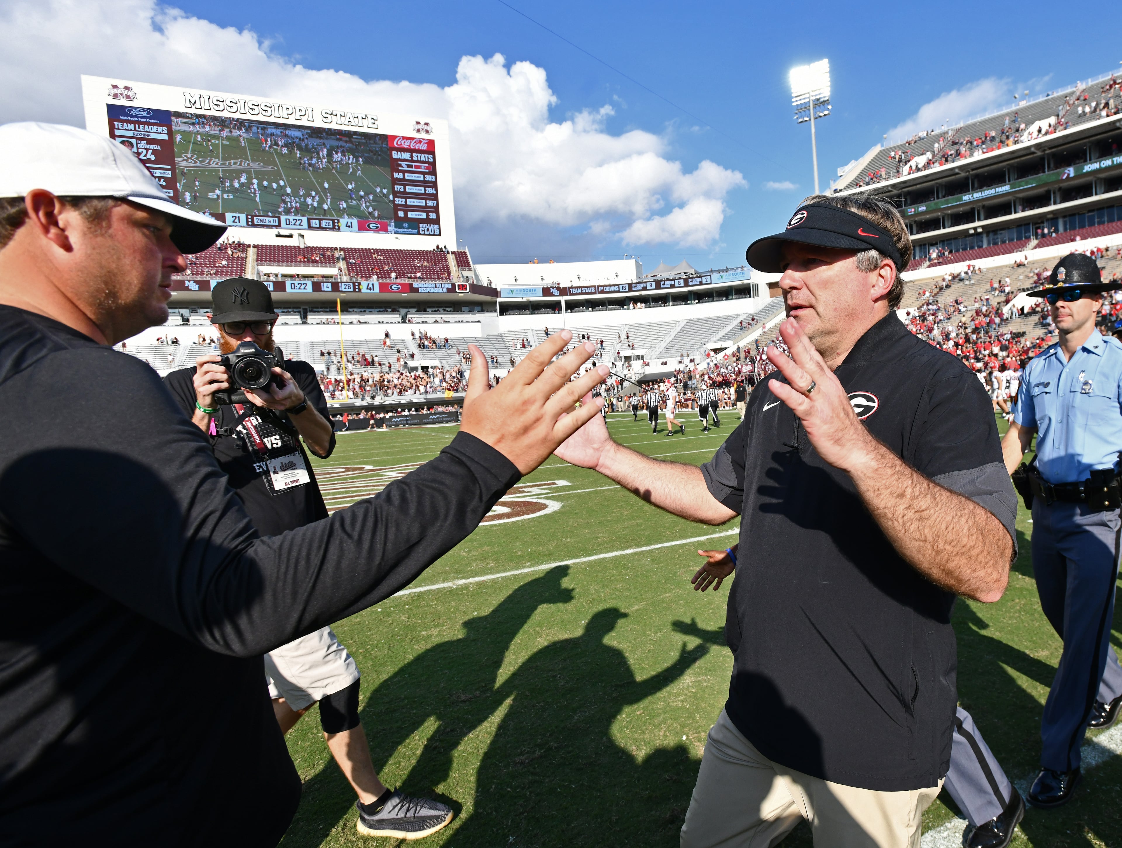 Georgia head coach Kirby Smart and Mississippi State head coach Jeff Lebby shake hands after Georgia beat Mississippi State during an NCAA football game at Davis Wade Stadium, Saturday, November 8, 2025, in Starkville, Mississippi. Georgia won 41-21 over Mississippi State. (Hyosub Shin / AJC)