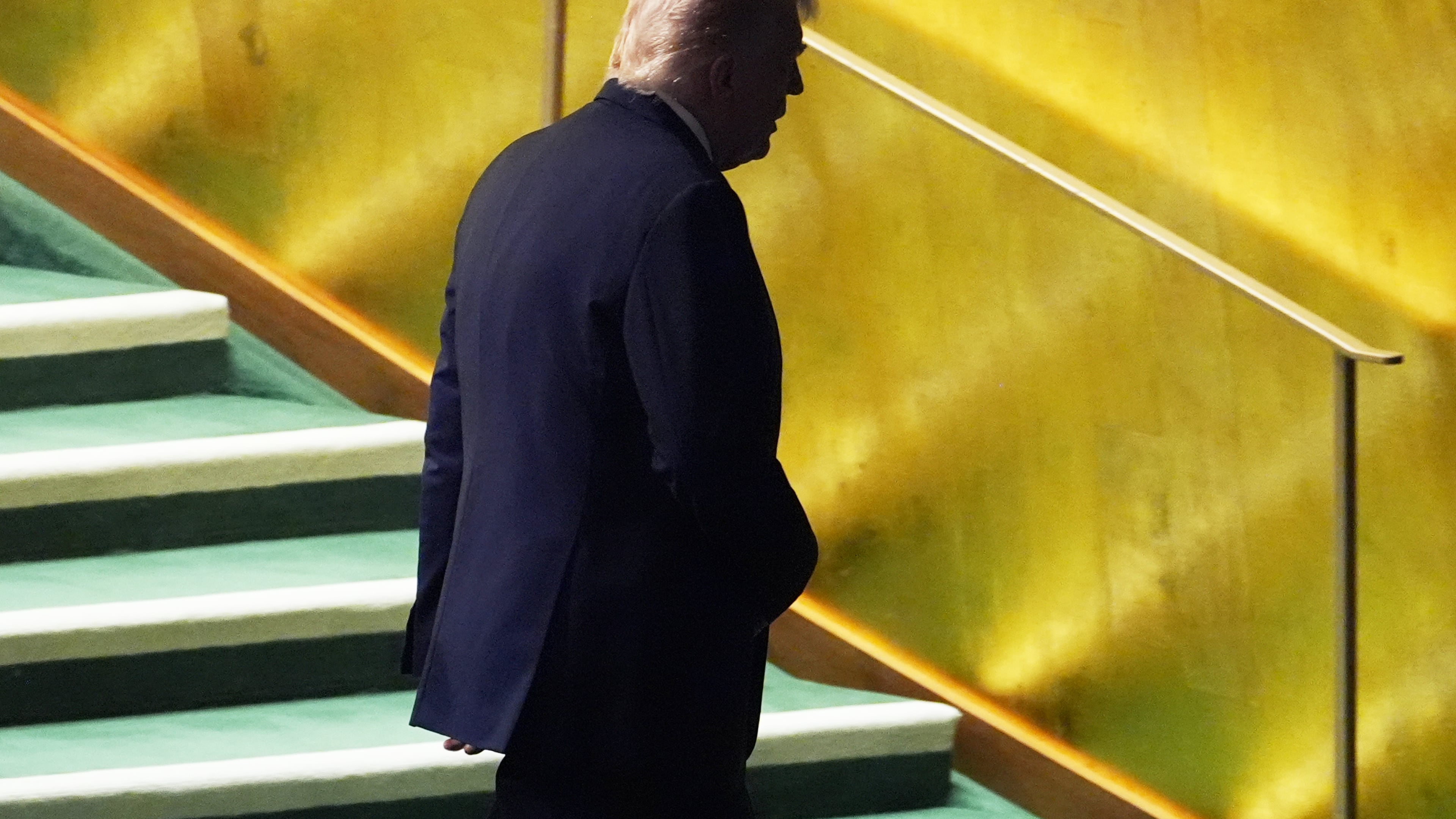 President Donald Trump walks off after speaking to the United Nations General Assembly, Tuesday, Sept. 23, 2025, in New York. (AP Photo/Evan Vucci)