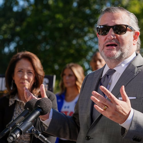 Sen. Ted Cruz, R-Texas, right, speaks as Sen. Maria Cantwell, D-Wash., left, listens during a news conference on Capitol Hill, Monday, Sept. 14, 2026, in Washington. (AP Photo/Mariam Zuhaib)