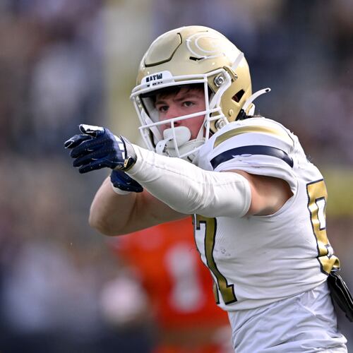 In 11 games this past season, Tech wide receiver Bailey Stockton made 21 catches for 233 yards. Stockton will enter the NCAA’s transfer portal when it opens Friday. (Hyosub Shin/AJC 2024)