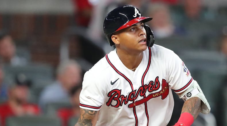 Braves outfielder Cristian Pache hits a double against the Toronto Blue Jays on Tuesday, his only hit since May 4. (Curtis Compton / Curtis.Compton@ajc.com)