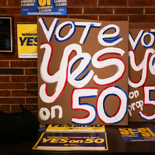 Posters at the IBEW Local 6 headquarters ahead of a campaign event in support of Proposition 50 in San Francisco, Monday, Nov. 3, 2025. (Gabrielle Lurie/San Francisco Chronicle via AP)
