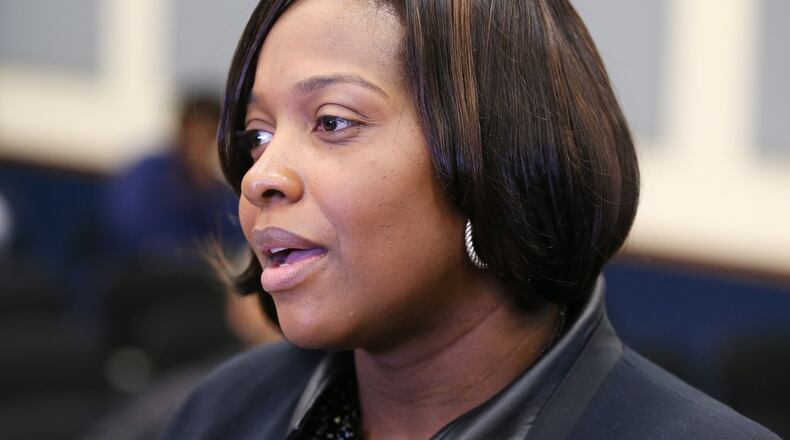 Former Judge Tiffany Sellers speaks with the press after being fired during a South Fulton City Council meeting on Tuesday, March 19, 2019. Sellers is an internet-famous chief municipal judge who is accused of mistreating staff. EMILY HANEY / emily.haney@ajc.com